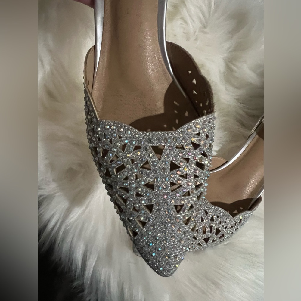 Silver sequins ankle strap kitten heels